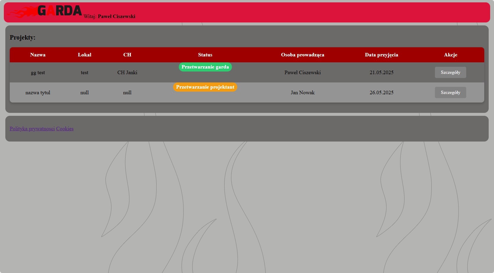 Zrzut ekranu aplikacji Garda PM